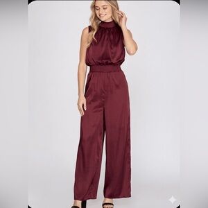 She + Sky Maroon Sleeveless Wide-Leg Jumpsuit